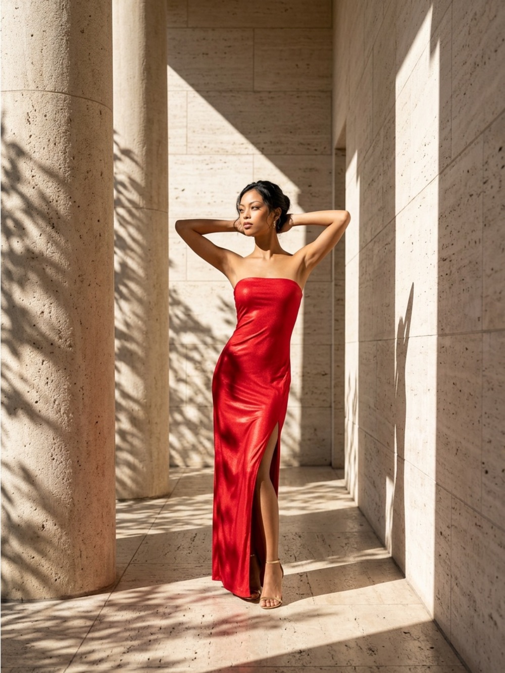 Red Strapless Satin Evening Dress with High Slit